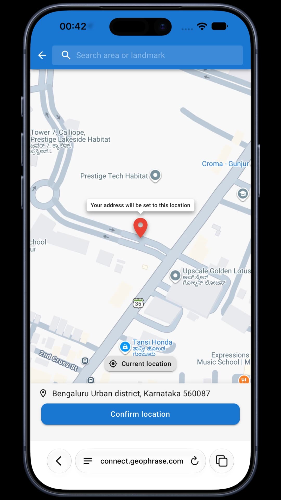 Customer choosing their delivery location on a map in the Geophrase address picker