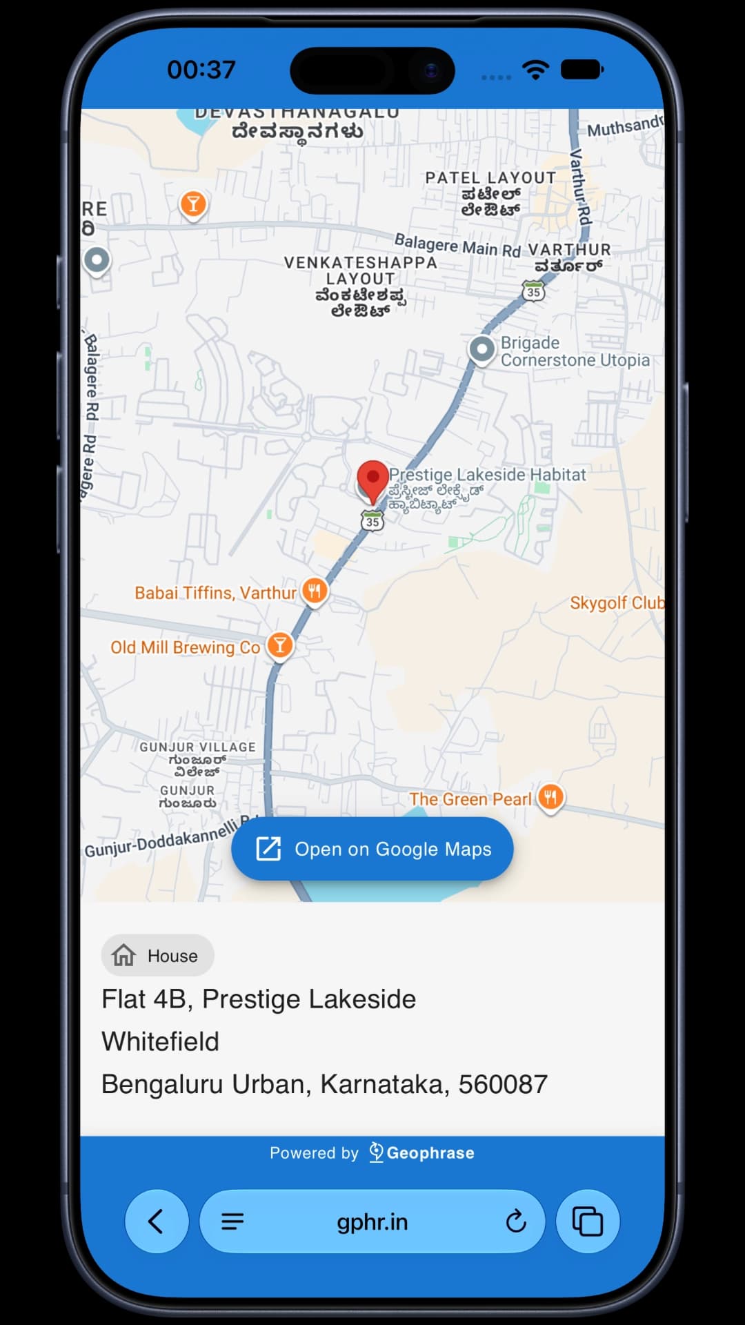 Geophrase public address page showing a map pin, address details and an Open on Google Maps button