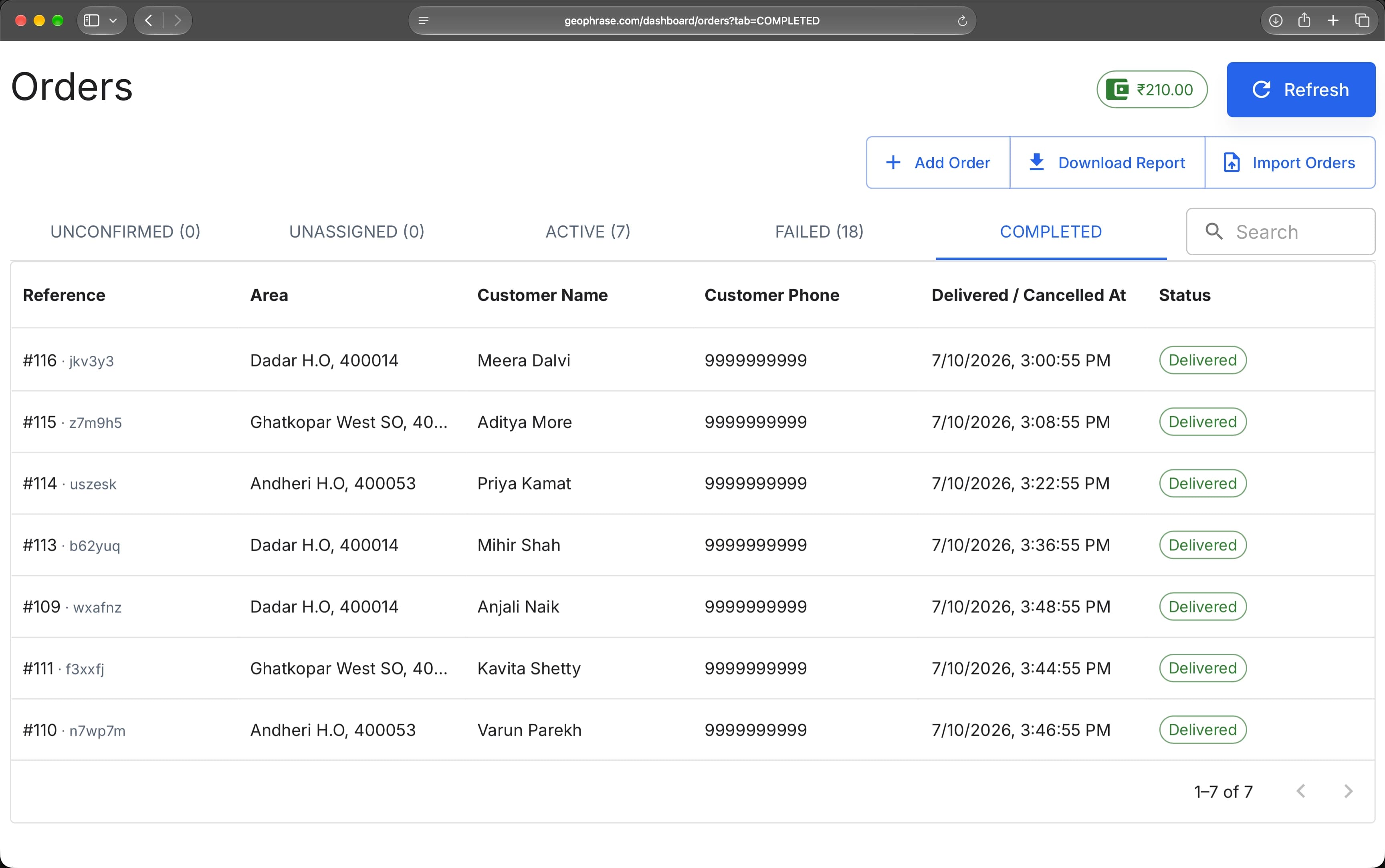 Geophrase orders dashboard showing completed deliveries marked Delivered