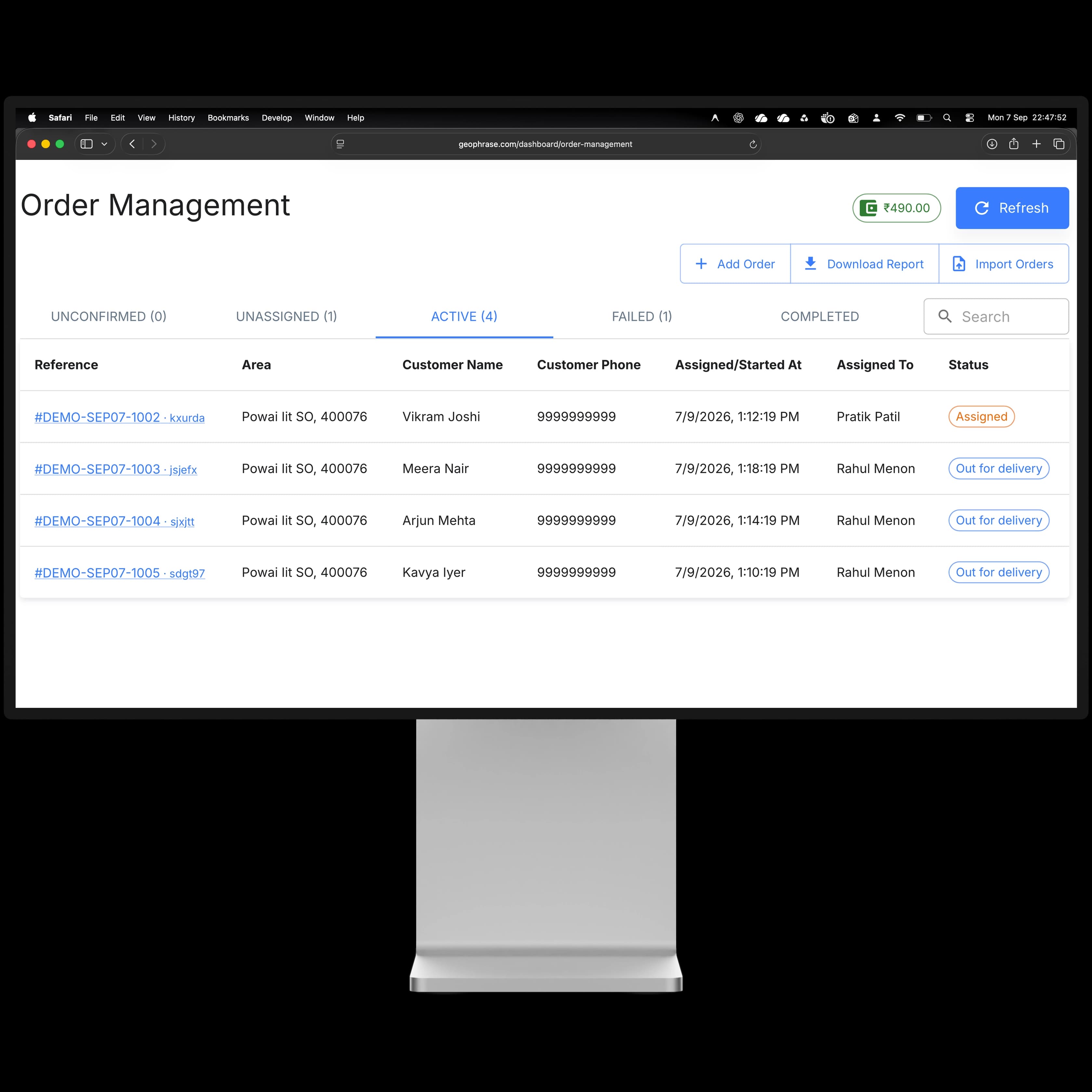 Geophrase order management dashboard showing active orders, assigned riders, and delivery statuses