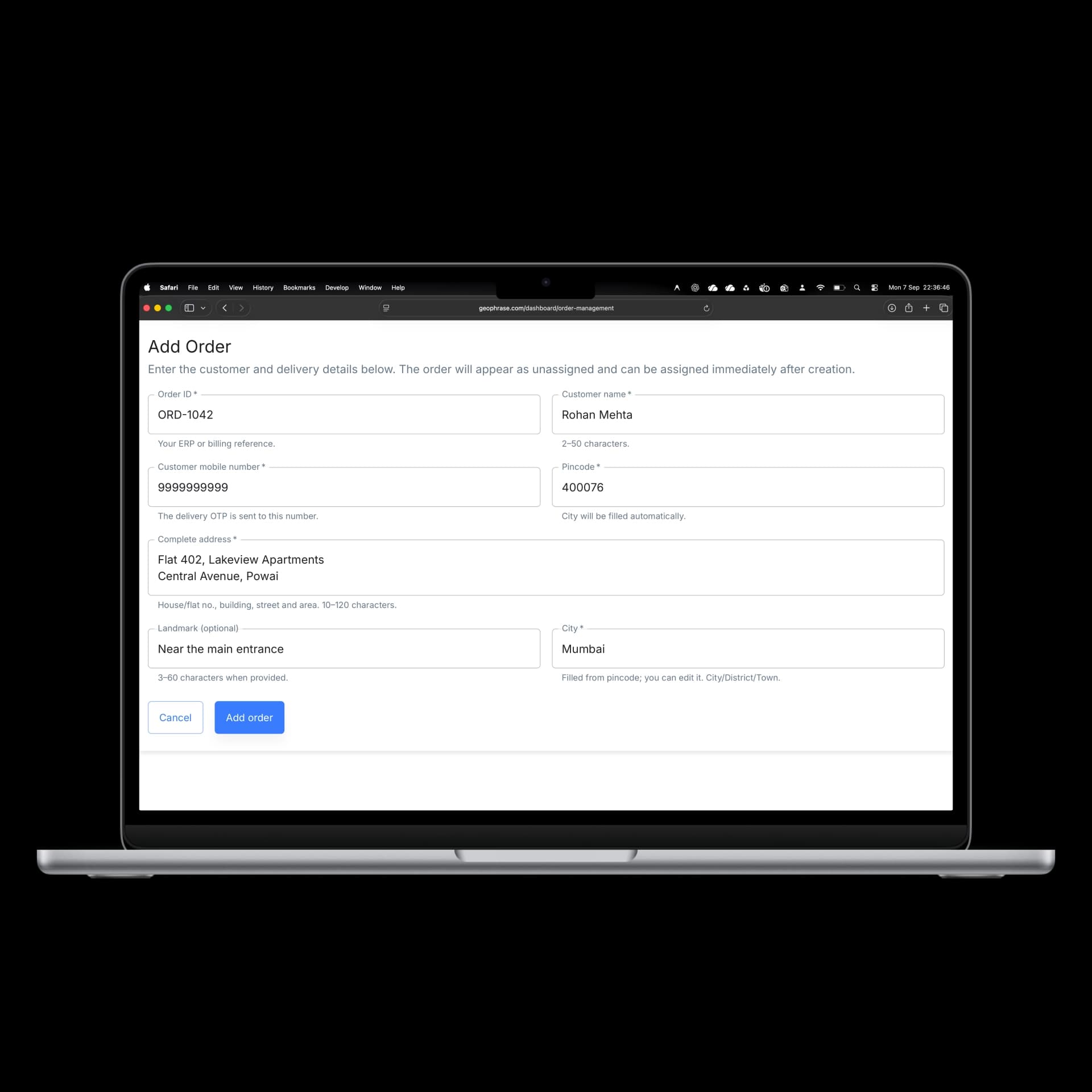 Geophrase manual order entry form showing customer name, mobile number, and delivery address fields