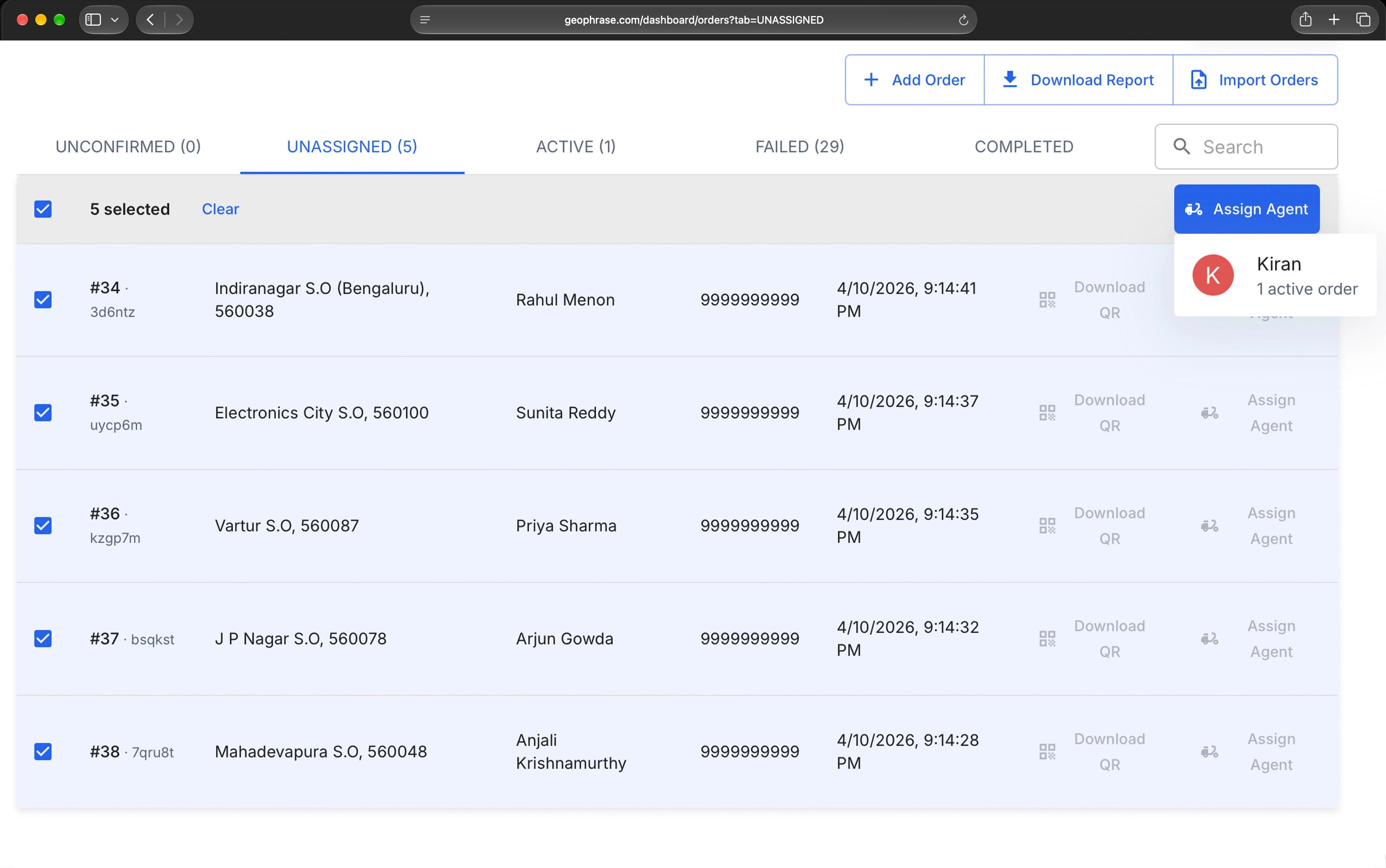 Geophrase dashboard with five unassigned orders selected for bulk assignment to a rider