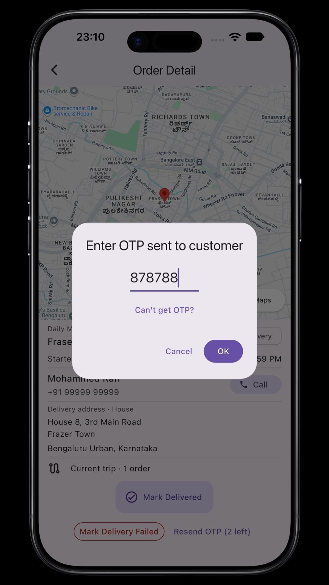 Geophrase rider mobile app showing OTP delivery proof confirmation