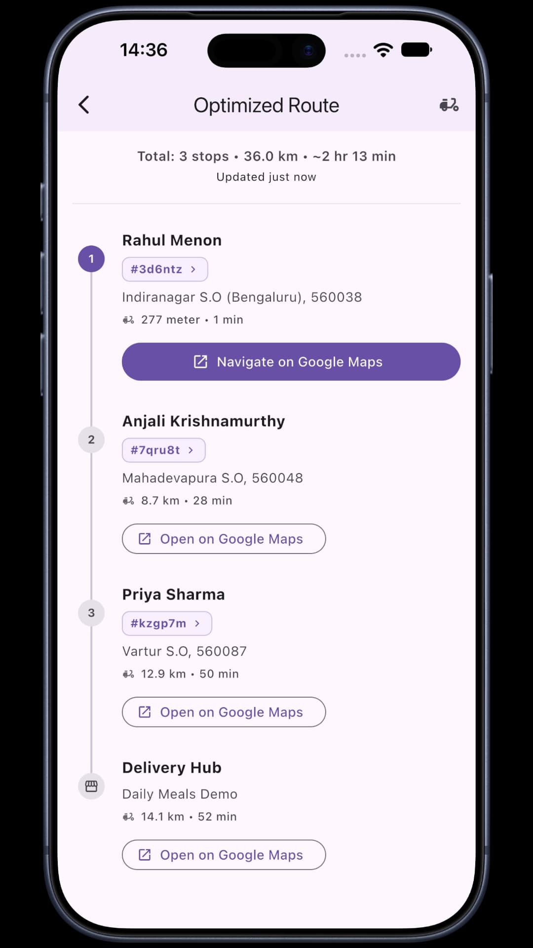 Geophrase delivery rider app showing optimized multi-stop batch route and return journey to hub