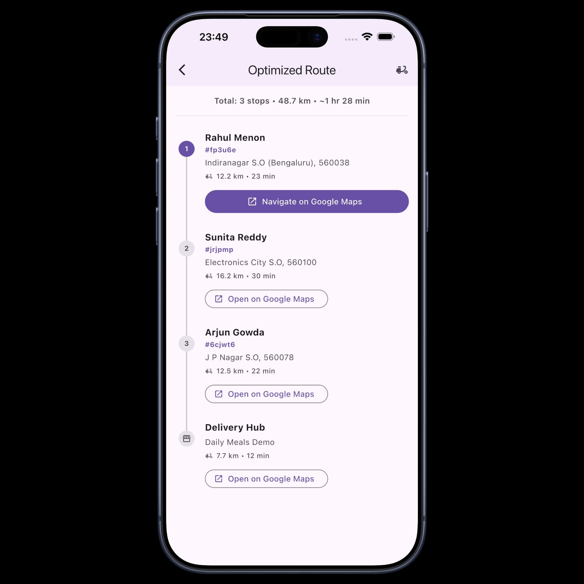 Geophrase delivery rider app showing optimized multi-stop batch route and return journey to hub